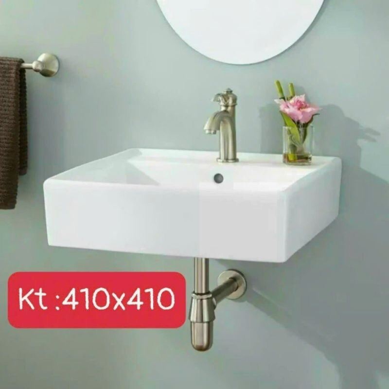 Chậu rửa mặt treo tường, lavabo vuông mini size vuông 41cm, 33cm, có ốc vít treo, tặng kèm xi phông