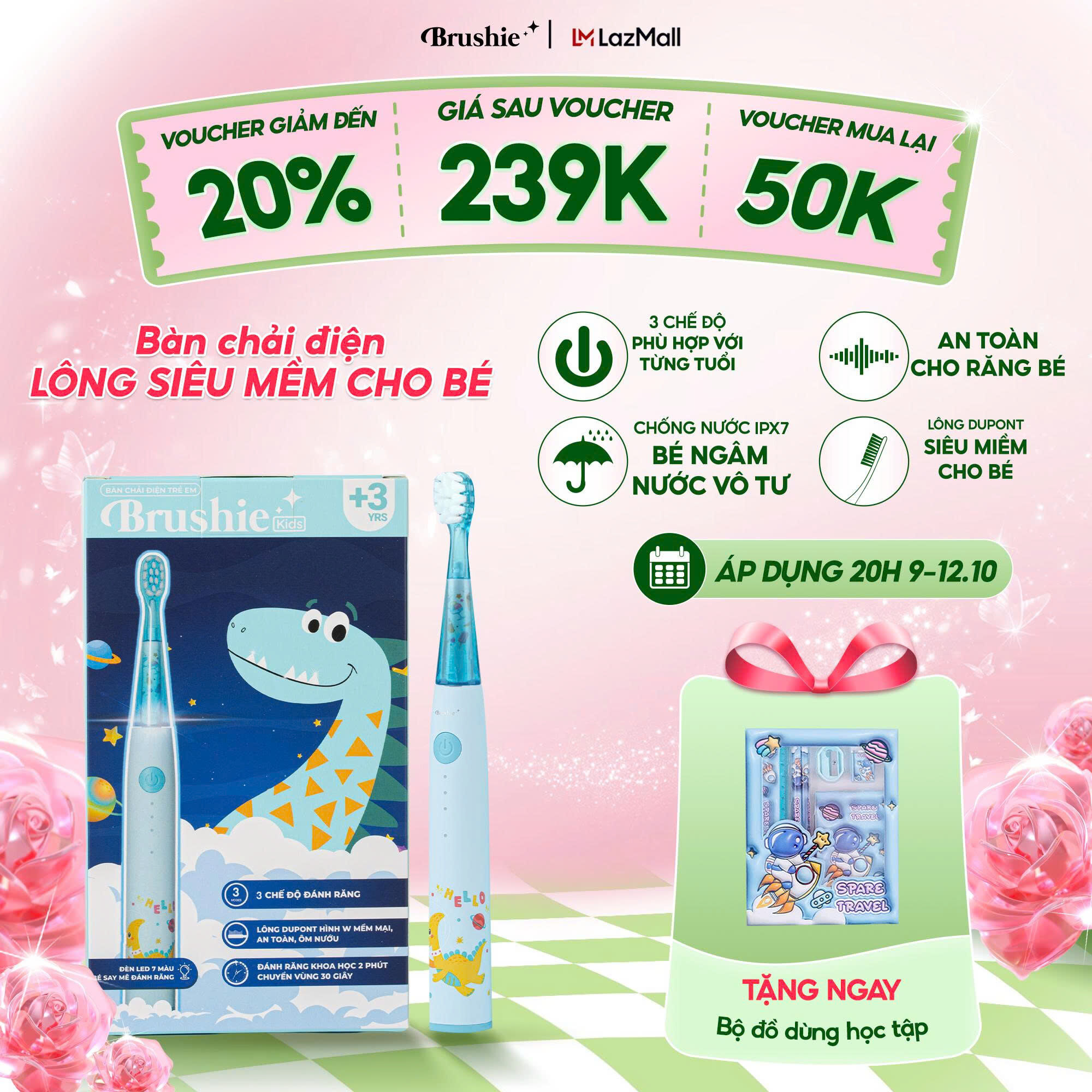 Bàn chải điện cho bé BRUSHIE KIDS, bàn chải điện trẻ em đầu lông chải mềm mượt, 3 chế độ làm sạch răng an toàn - Hàng chính hãng