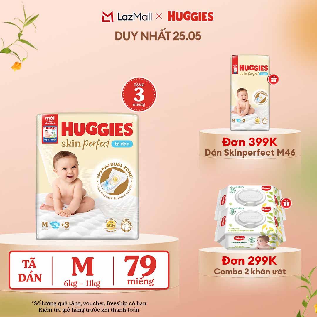 [CHỈ 25-29.05 QUÀ TẶNG ĐƠN 0Đ]  Tã dán Huggies Skin Perfect Super Jumbo M76+3 miếng