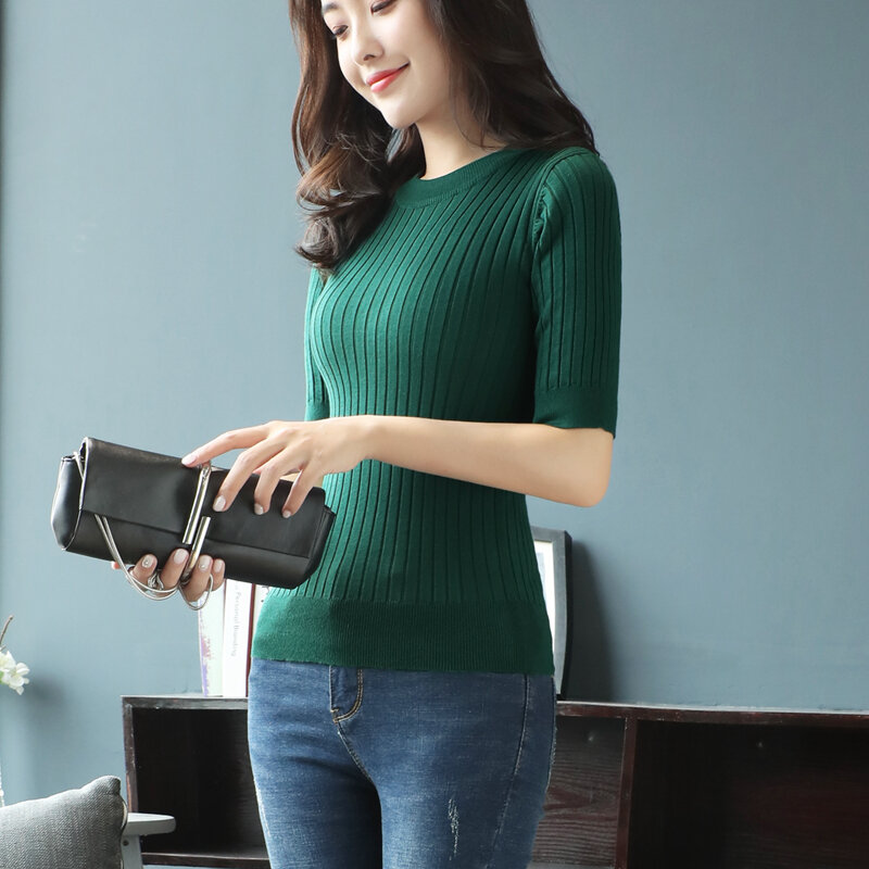 Áo Phông Cộc Tay Áo Mặc Trong Dệt Kim Mẫu Ngắn Dễ Phối Bó Sát Tôn Dáng Xuân Hè Mẫu Mỏng Mẫu Ngắn Phong Cách Hàn Quốc Mẫu Mới Học Sinh Nữ