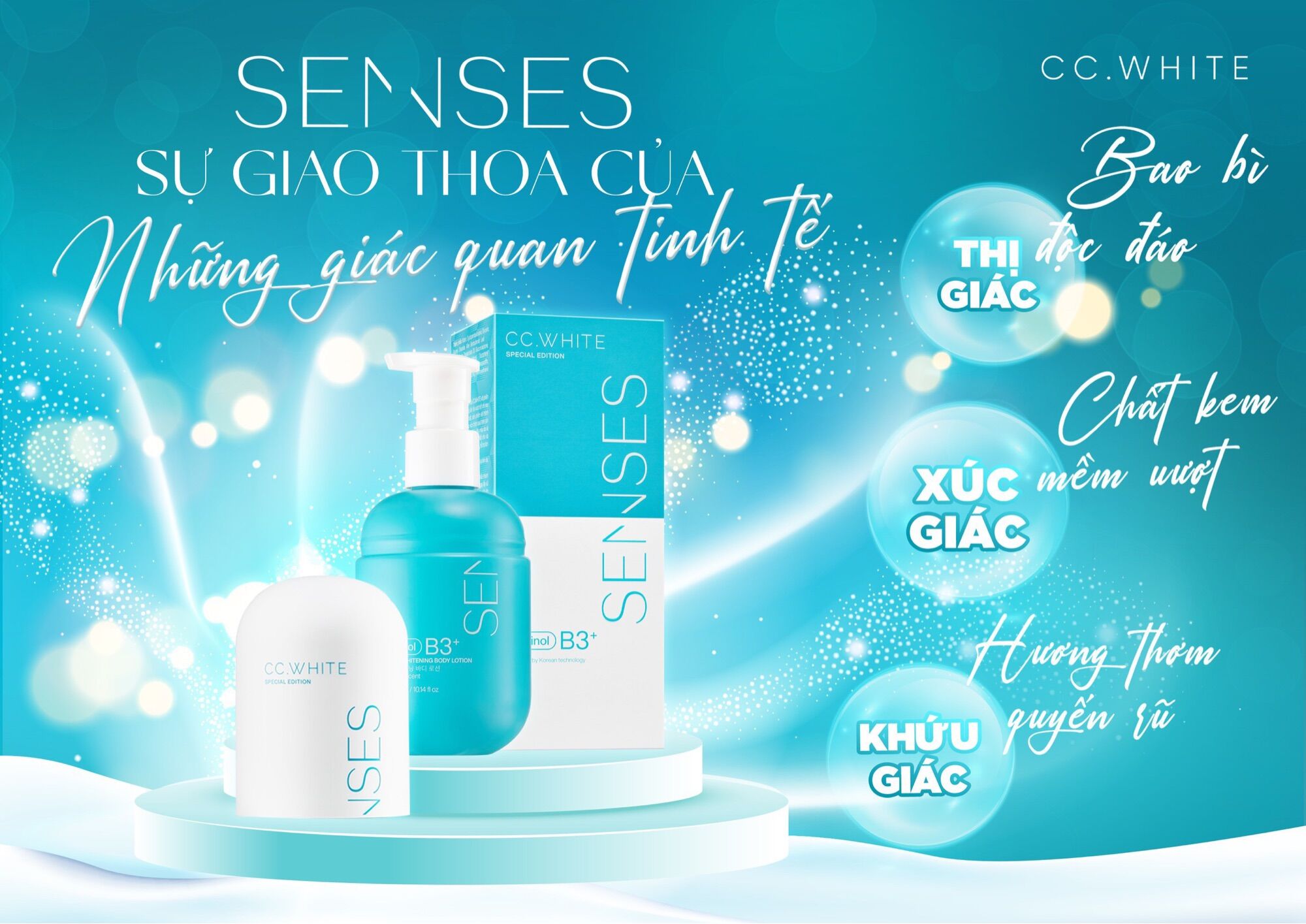 Combo 2 chai Kem dưỡng trắng da cấy trắng body senses CC White, tặng kèm 4 gói tắm trắng, ALANA2022
