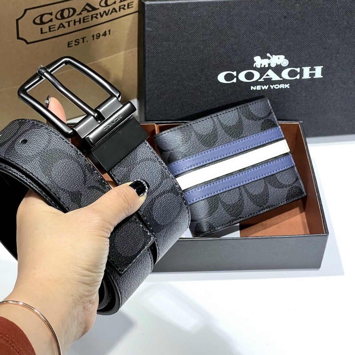 Set thắt lưng Coach kèm ví nam da cao cấp, nam tính bền đẹp full box