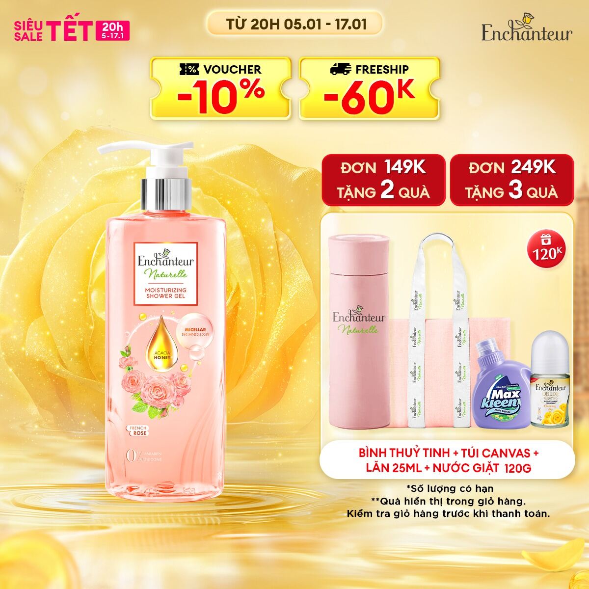 Sữa tắm dưỡng da Enchanteur Naturelle hương hoa hồng Pháp 510gr