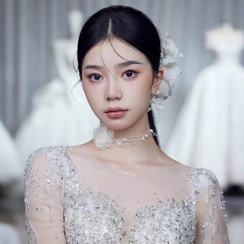Vòng cổ choker hoa voan dây ngọc