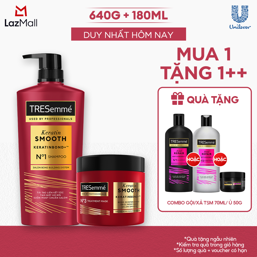 Combo Dầu Gội, Kem Ủ TRESemmé Keratin Smooth Keratinbond+ 640g, 180ml Cho Tóc Khô Xơ Rối Vào Nếp Suôn Mượt