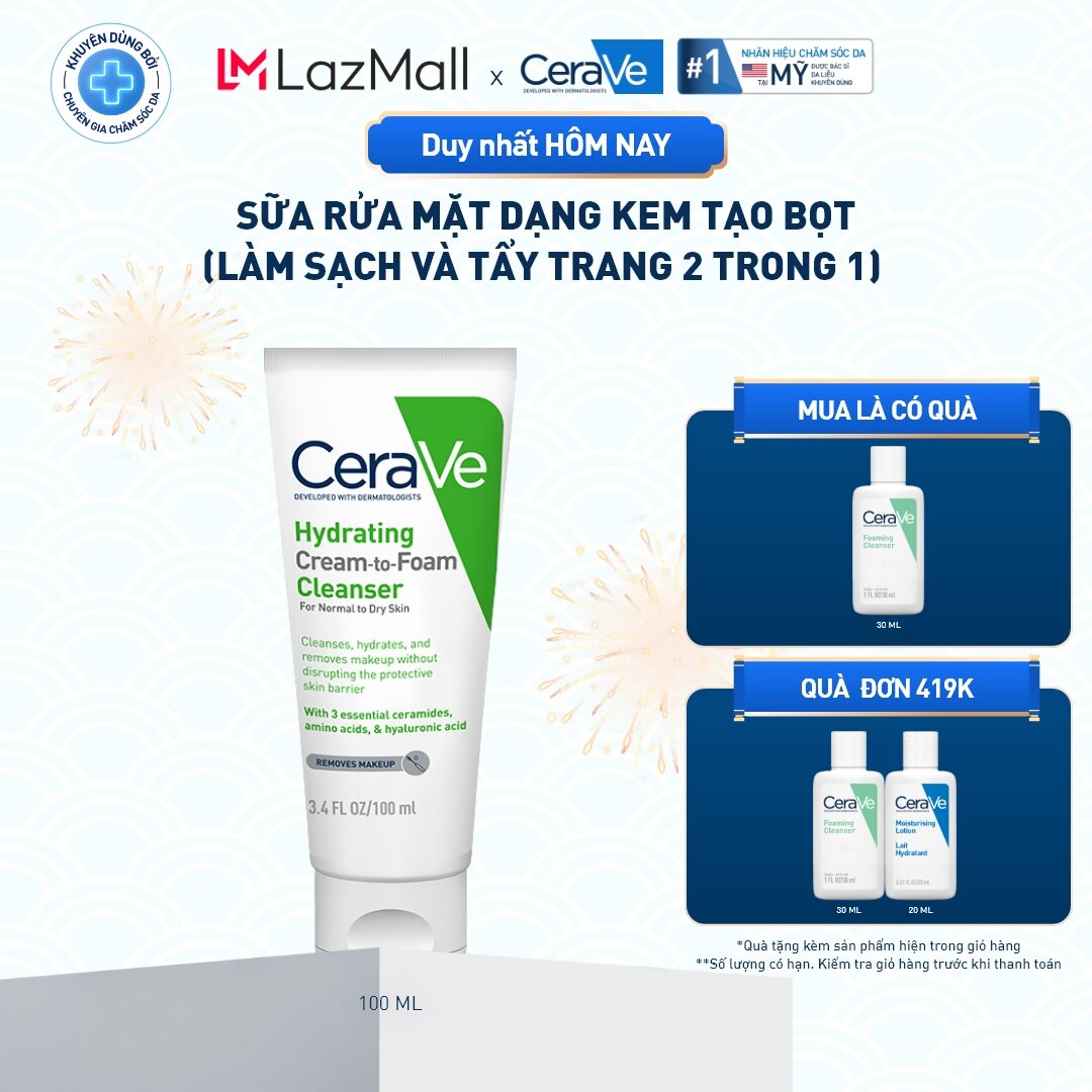  Sữa rửa mặt dạng kem tạo bọt  làm sạch và tẩy trang 2 trong 1  Hydrating Cream-to-Foam Cleanser 100ml 