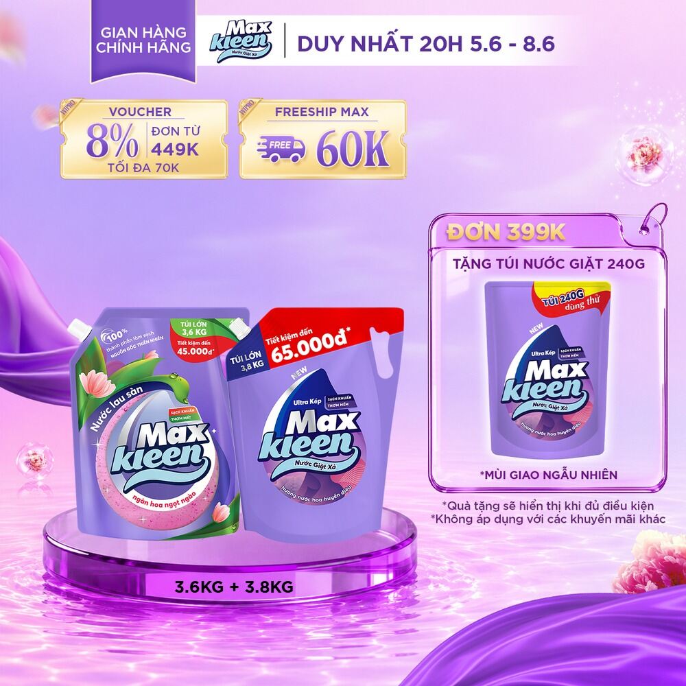 Combo Túi Nước Lau Sàn MaxKleen 3.6kg Ngàn hoa ngọt ngào + Túi Nước Giặt Xả MaxKleen 3.6kg/3.8kg (Hoa Nắng/Huyền Diêu/Vườn Sớm Mai/Thiên Nhiên)