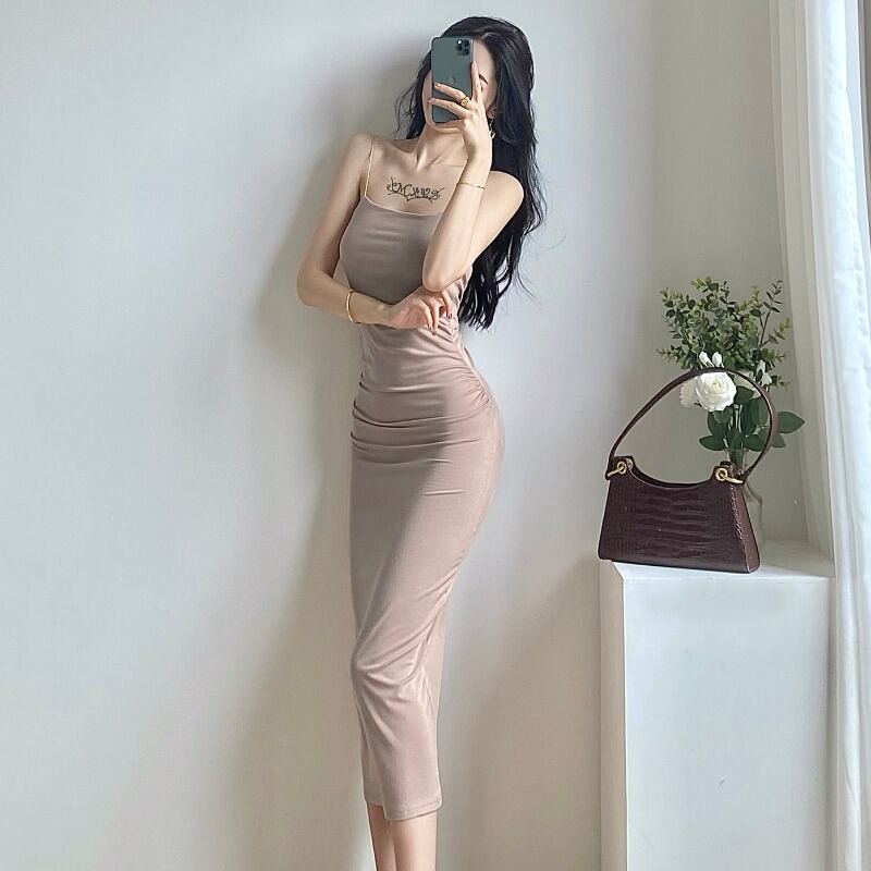 Váy Dài Vừa Thắt Nút Hở Lưng Xếp Ly Tôn Ngực Gợi Cảm Nổi Tiếng Trên Mạng Mùa Hè Gegejia Váy Liền Ôm Mông Hai Dây Tôn Dáng