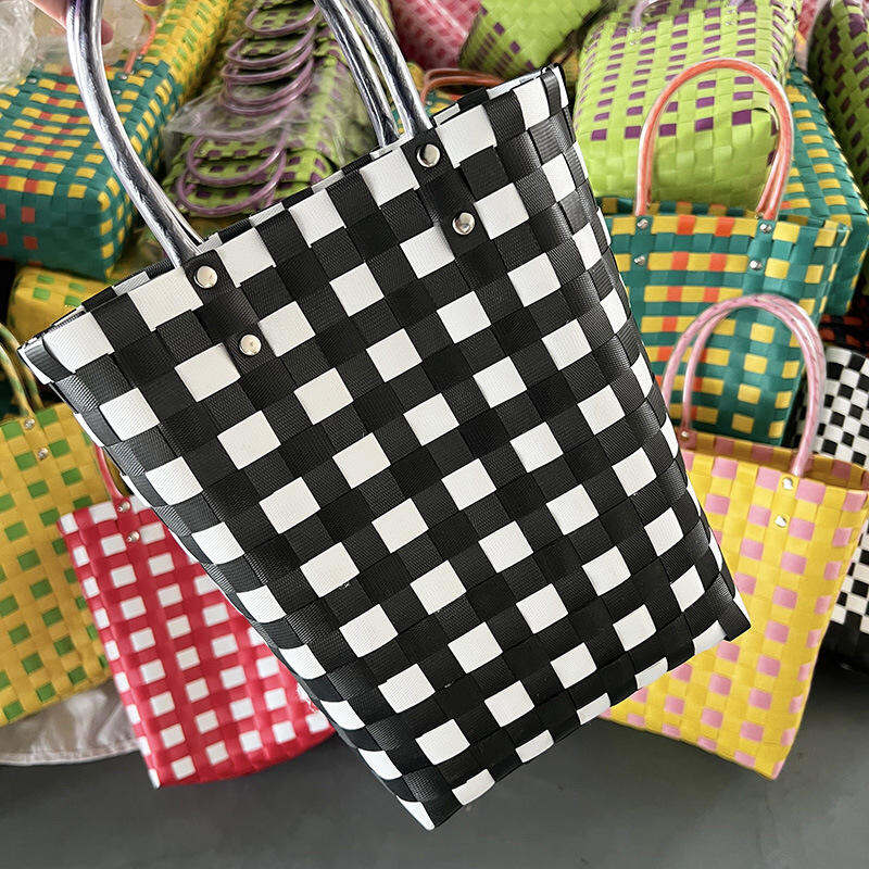 giỏ xách đan tay phối màu caro size vừa( 17cm), làn đi chợ, giỏ xách đan hanmade, túi xách