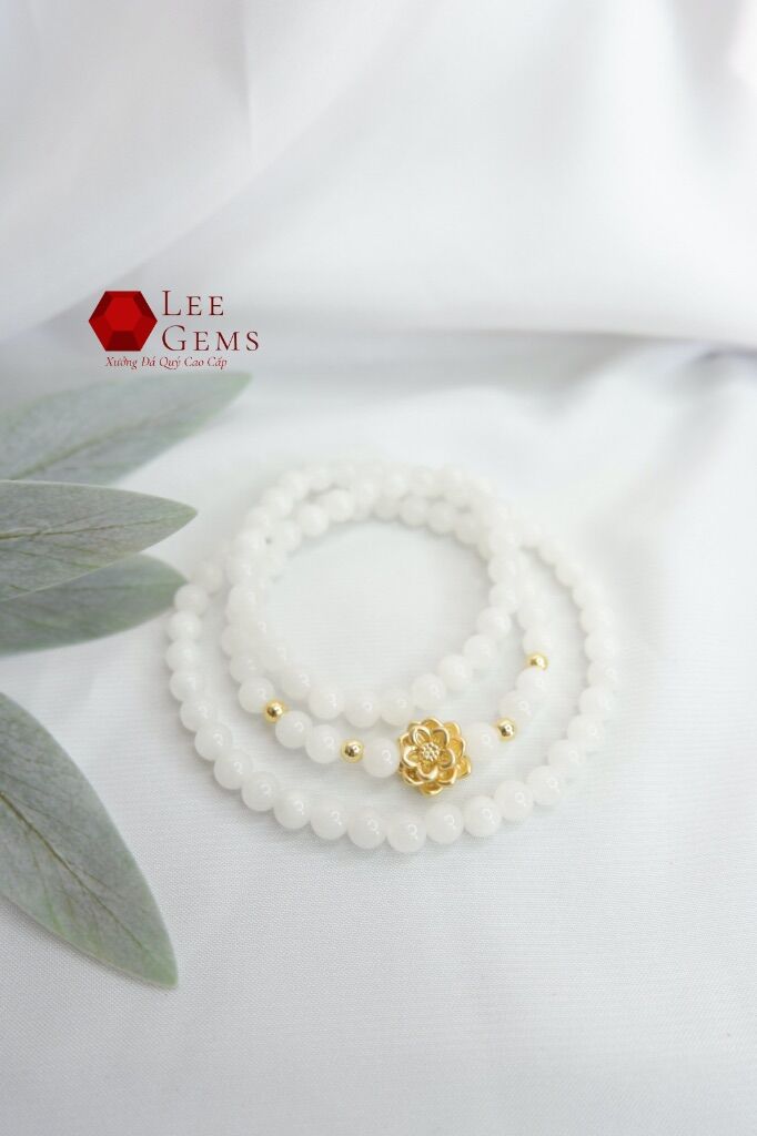 Chuỗi vòng tay bạch ngọc tự nhiên 108 hạt, mix hoa sen