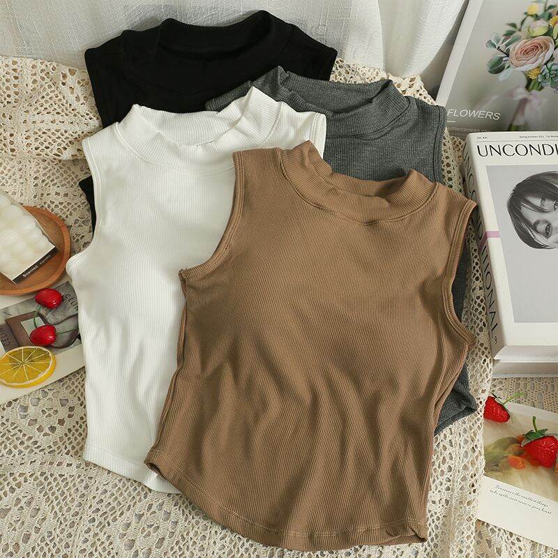 Áo Vest Nữ Dày Ôm Vừa Vặn Có Đệm Ngực Cổ Cao Thiết Kế Đa Năng Mùa Hè 2023 Bằng Cotton Nguyên Chất Màu Trơn Dáng Rộng Thường Ngày