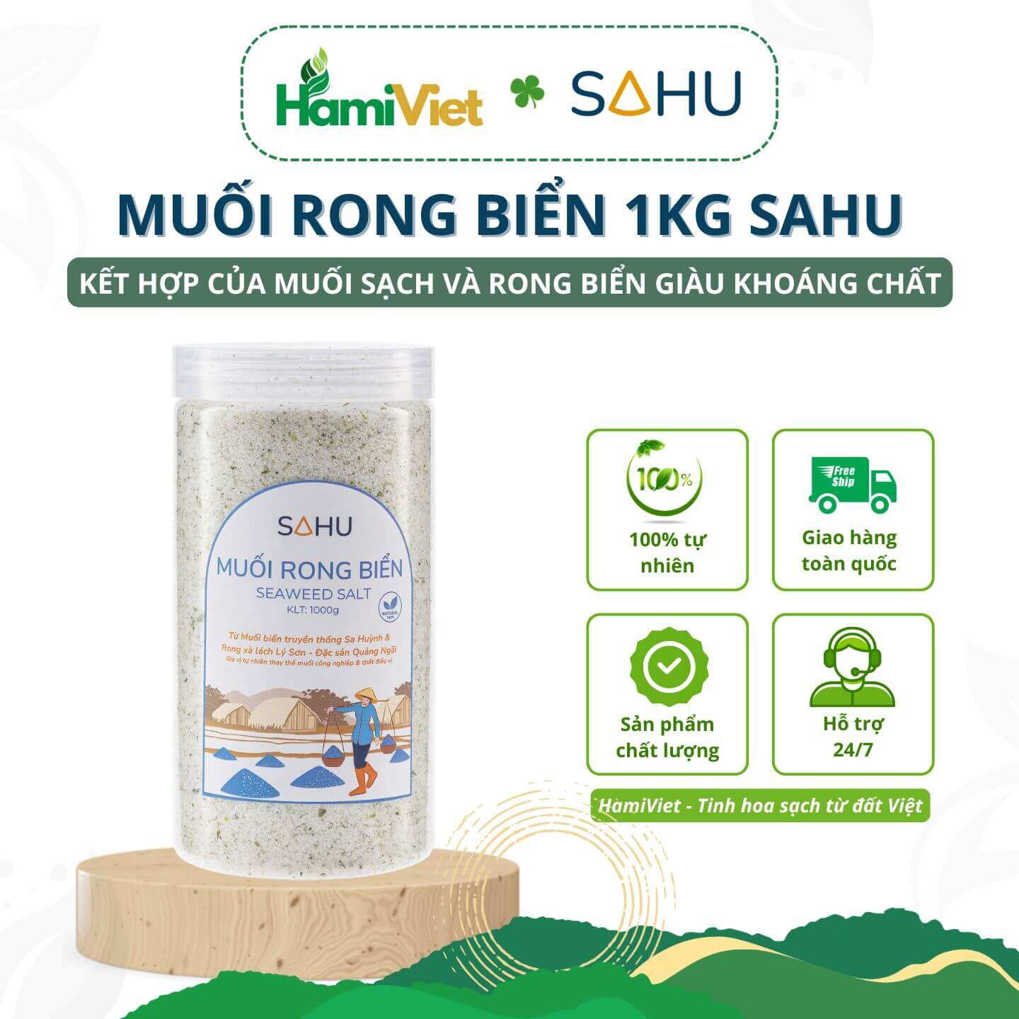 Muối rong biển 1kg Sahu có vị mặn dịu, hậu ngọt sâu, đậm vị umami và giàu khoáng chất