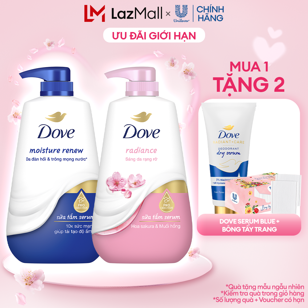 Combo 2 chai sữa tắm dưỡng thể Dove Dove Deep Moisture Dưỡng ẩm chuyên sâu và Sakura Blossoms Da mịn hương hoa 500g/chai (bao bì tùy lô nhập hàng)