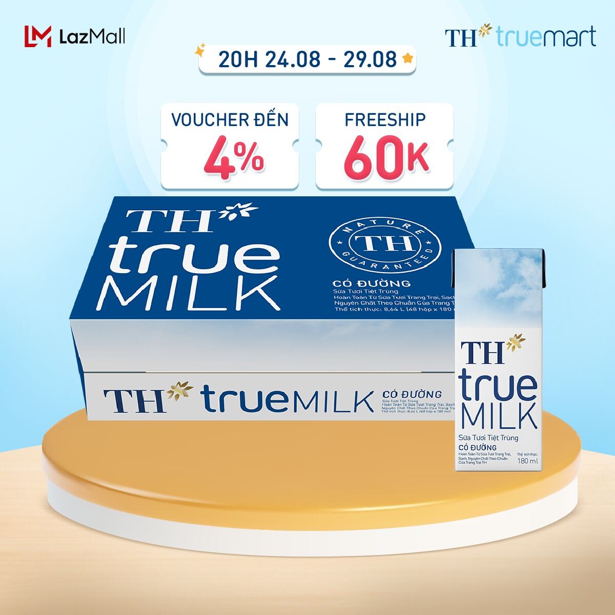 Thùng 48 hộp sữa tươi tiệt trùng TH true MILK có đường 180 ml (180 ml x 48)
