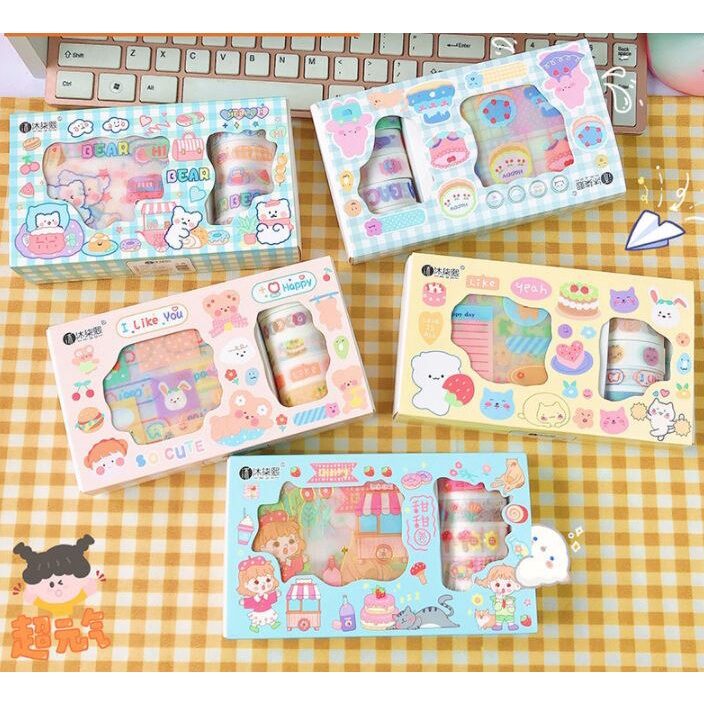 Hộp 5 cuộn Washi + 10 miếng stickers dễ thương
