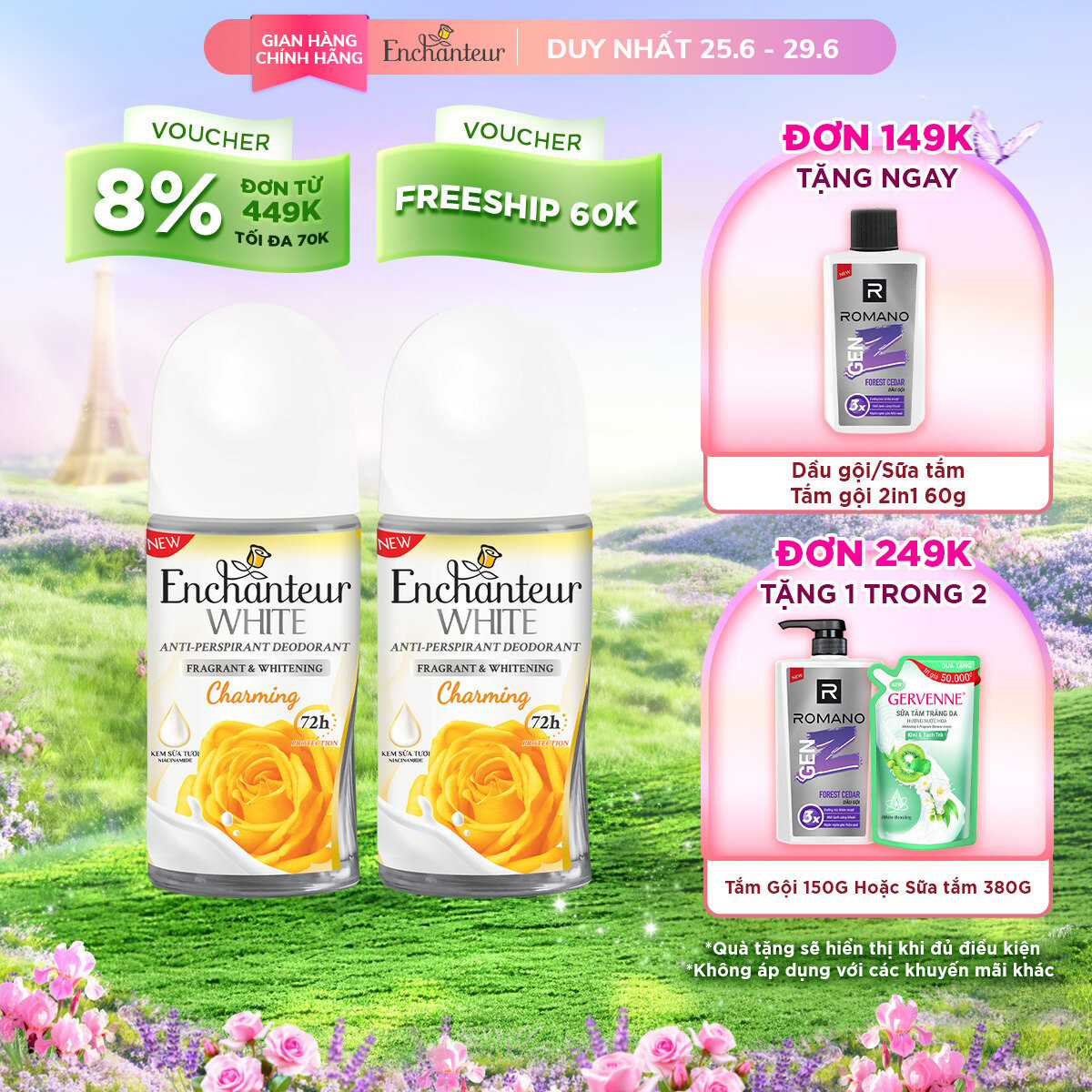 Combo 2 Lăn khử mùi trắng da Enchanteur Charming 50ml/ Chai