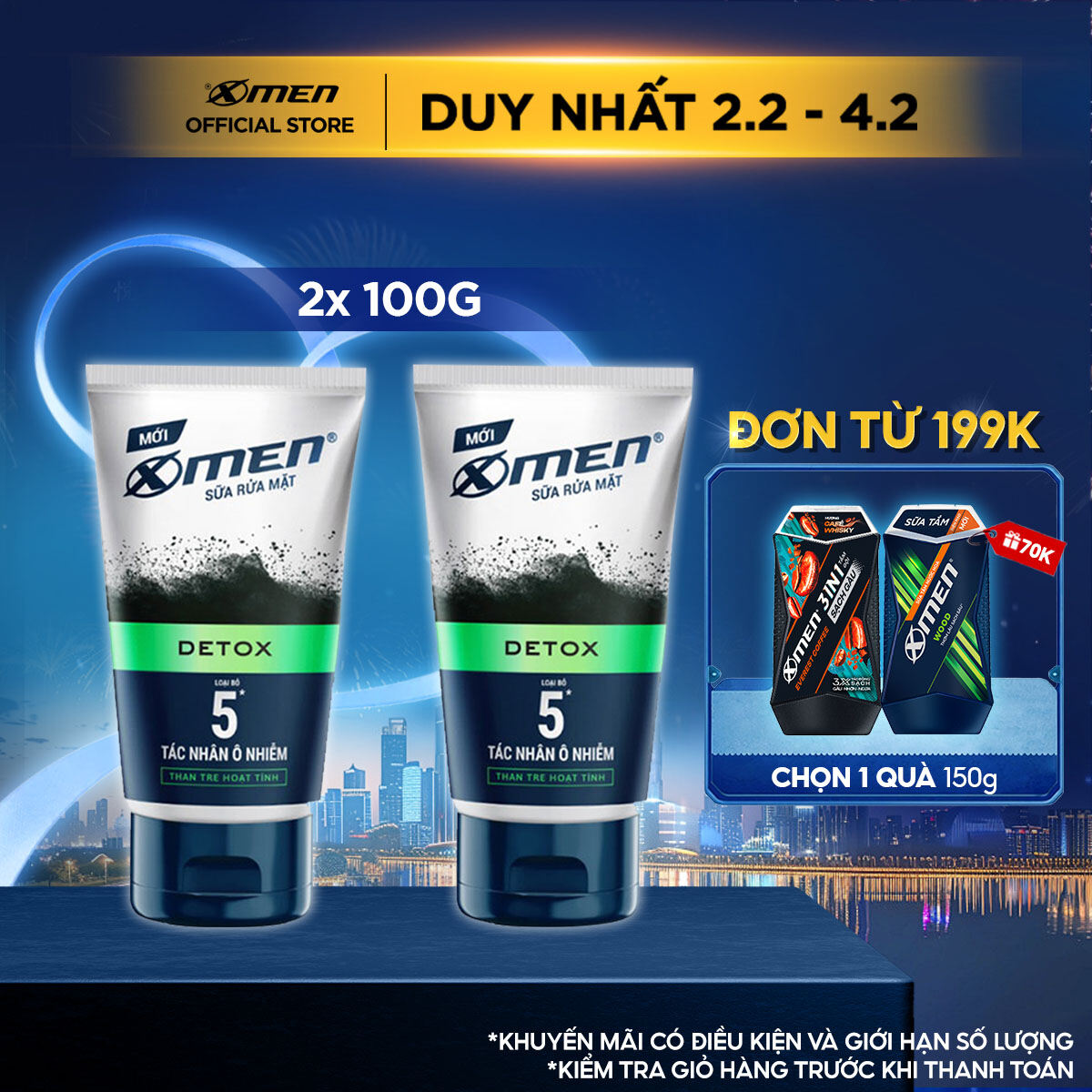 Combo 2 Sữa rửa mặt X-Men Go DETOX Than Tre Hoạt Tính 100g - Loại bỏ 5 tác nhân ô nhiễm