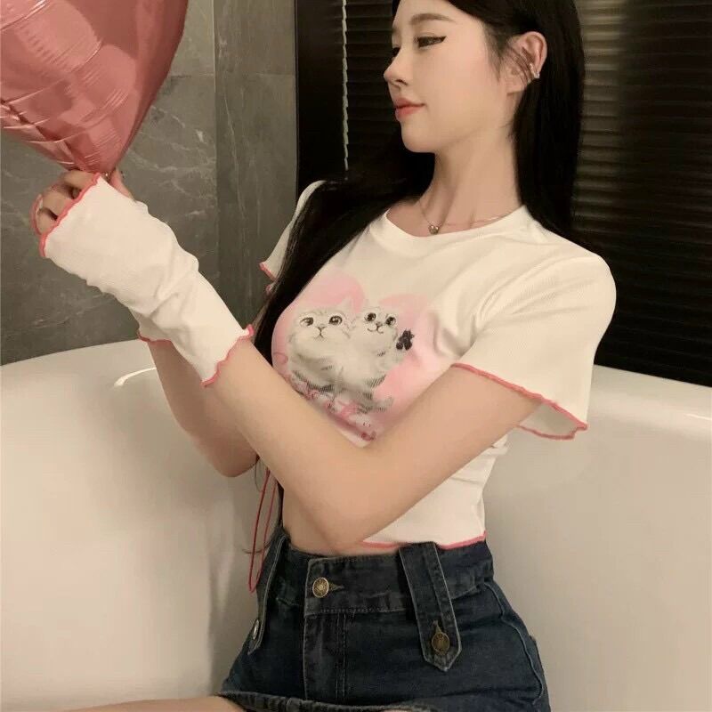 Áo croptop 2 chú mèo hồng BG