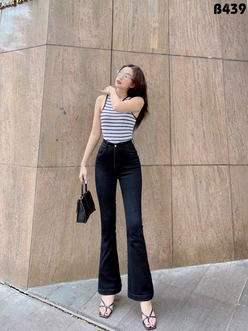Quần jeans nữ lưng cao ống loe dài co giãn