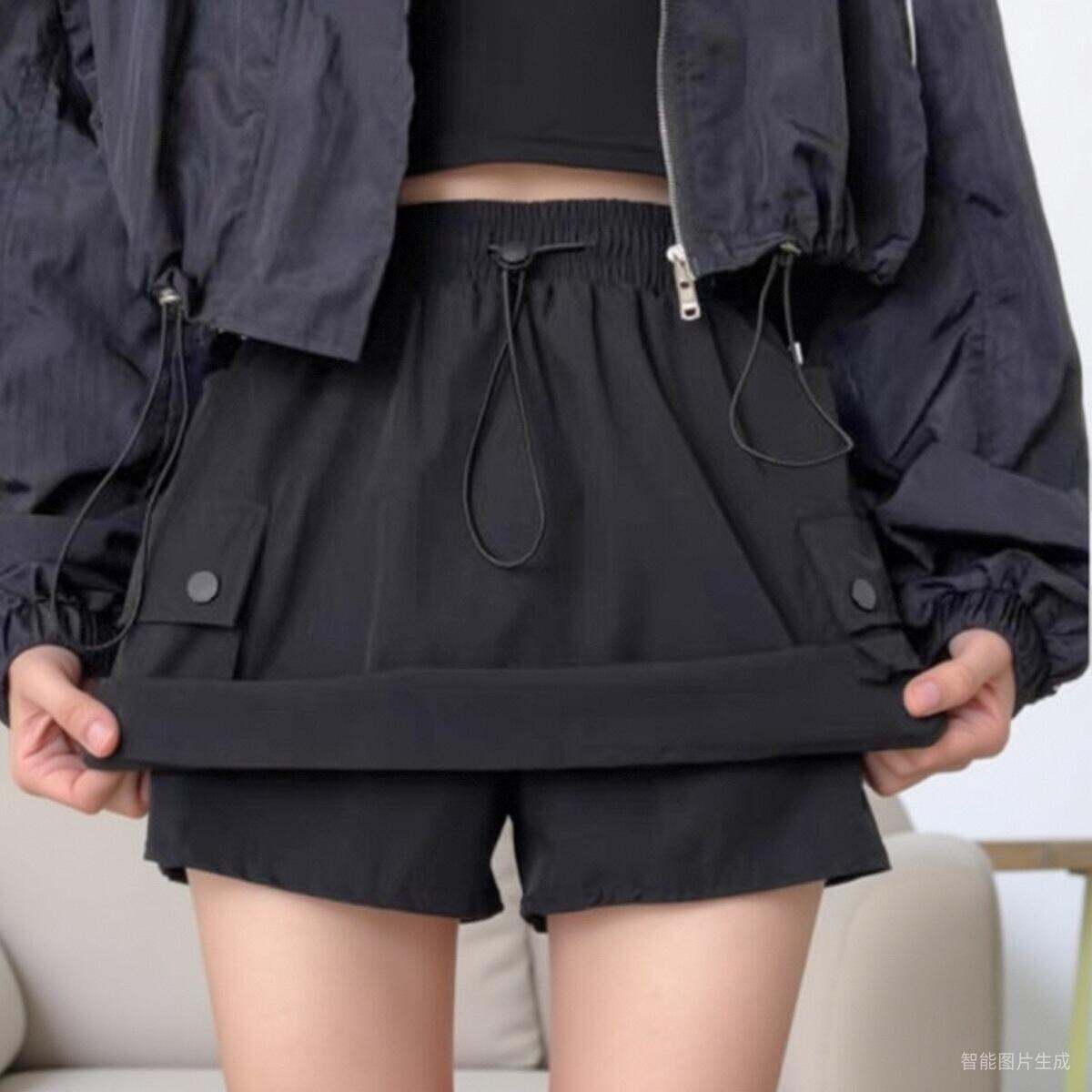 Váy Ngắn Công Sở Màu Đen Cạp Cao Cho Nữ Mùa Hè Mỏng Dáng Chữ a Cỡ Lớn Quần Short Rộng Rãi Có Dây Rút