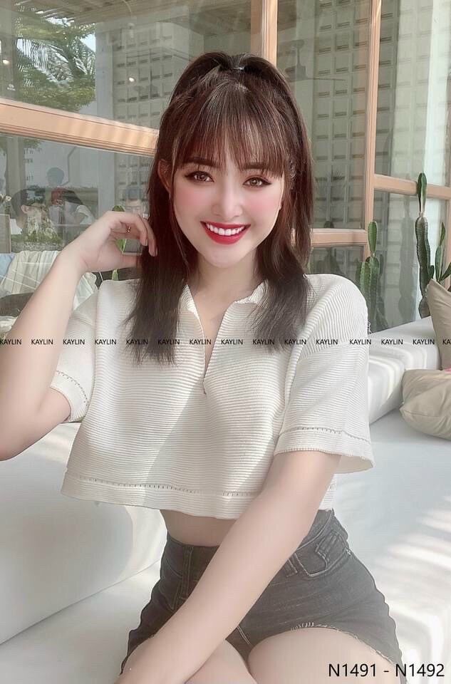 💥Áo len croptop cộc tay cổ bẻ dáng thụng