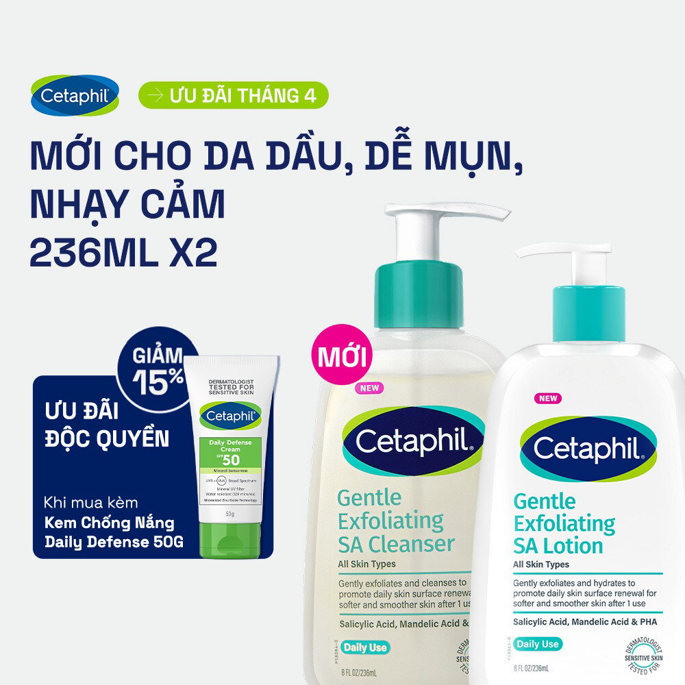 Combo Gel rửa mặt làm sạch dầu nhờn, ngăn mụn và Sữa dưỡng ẩm tẩy tế bào chết dịu nhẹ cho da dầu, mụn, nhạy cảm SA 236ml