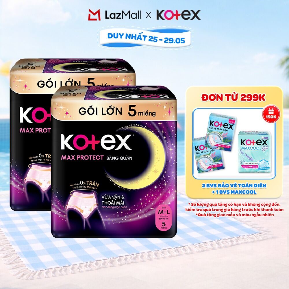 Combo 2 Băng Vệ Sinh Kotex Ban Đêm Dạng Quần cỡ M/L 5 miếng, M/L 2 miếng, L/XL 2 miếng