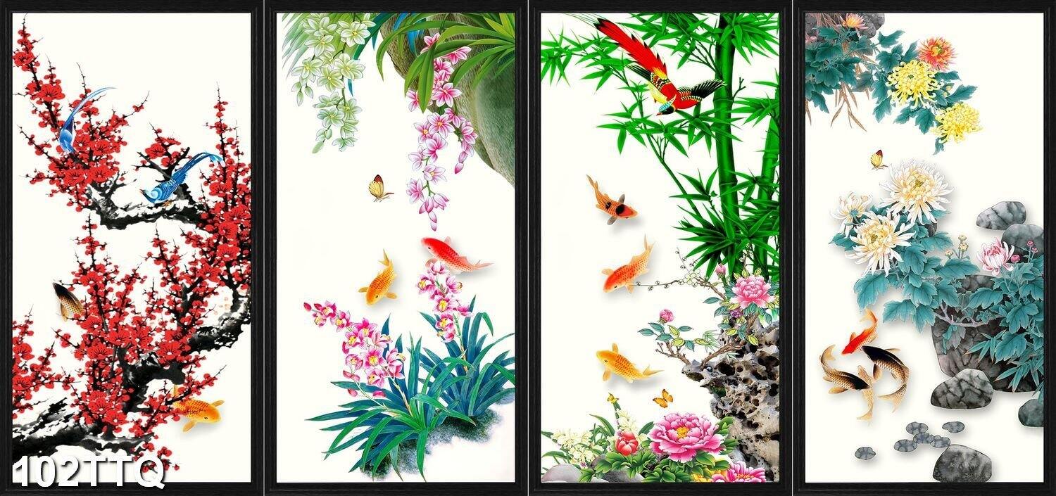 TRANH DÁN TƯỜNG TỨ QUÝ 102TTQ XUÂN HẠ THU ĐÔNG - TRANH TỨ QUÝ TÙNG TRÚC CÚC ĐÀO MAI LAN CÚC TRÚC - TRANH BỐN MÙA