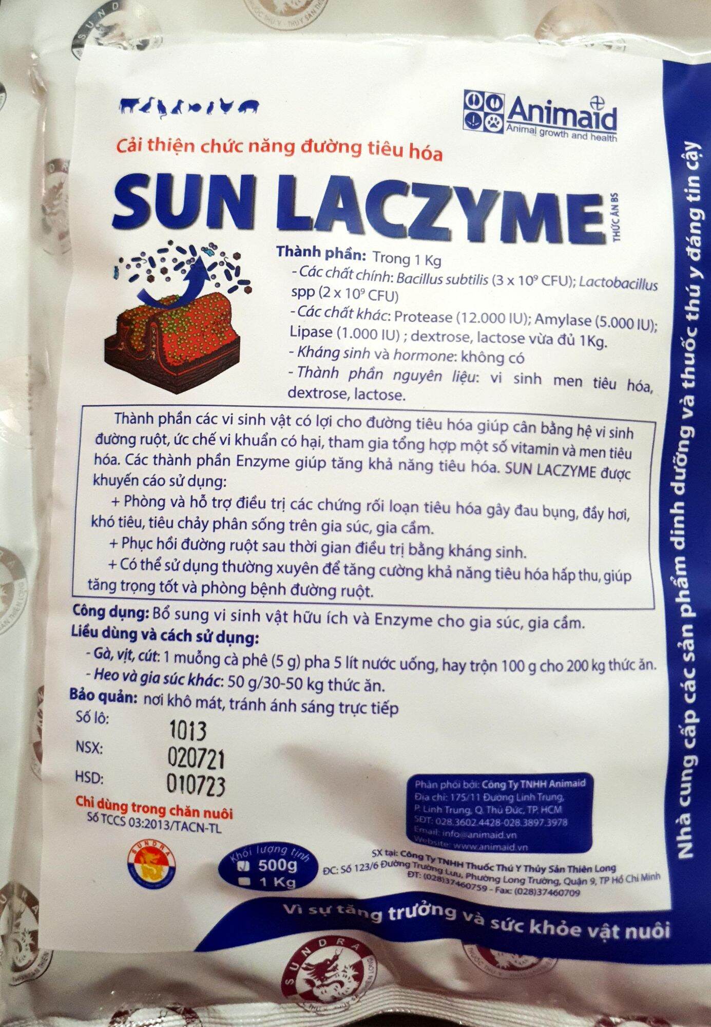 Animaid Sun Laczyme (1kg) - Men tiêu hóa chịu kháng sinh, tan hoàn toàn trong nước, hỗ trợ tiêu hóa, ngừa tiêu chảy cho gà đá, thú cưng (Date 2026)