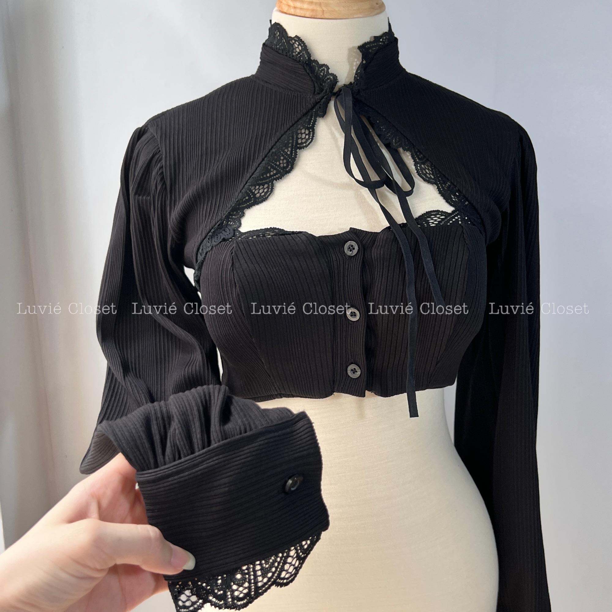 Set Áo Ống Viền Ren Phối Nút + Áo Khoác Ngoài Tay Dài Phồng Cổ Tàu Thắt Dây Khoét Ngực Tôn Vòng 1 Sexy Quyến Rũ Cho Nữ