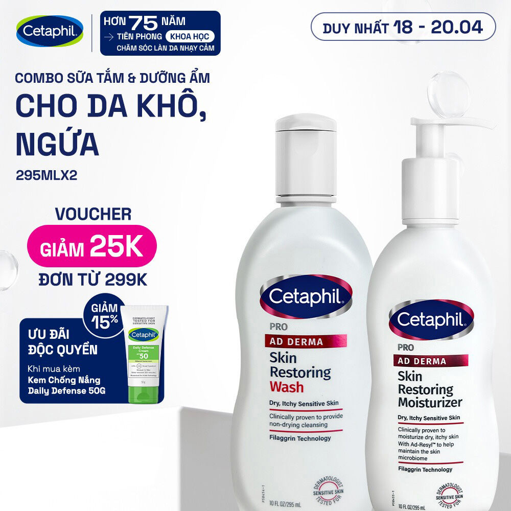Combo Sữa tắm và Kem dưỡng ẩm dành cho da khô, ngứa Cetaphil Pro AD Derma Wash 295ml + Cetaphil Pro AD Derma Moisturizer 295ml