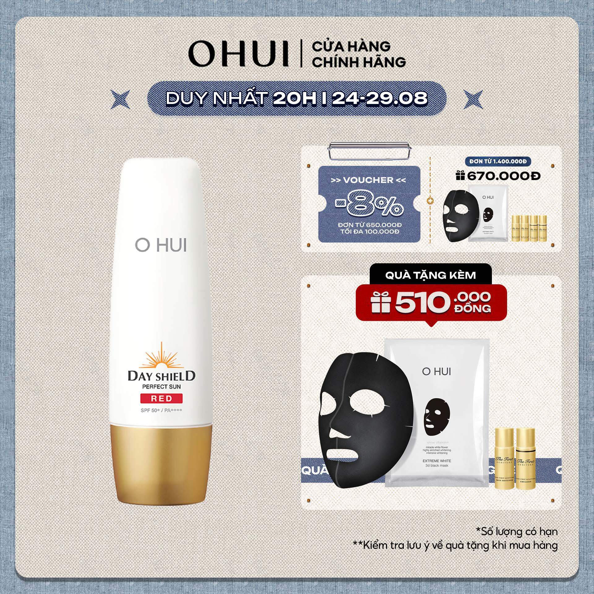 Bộ kem chống nắng 4 món cho da nhạy cảm OHUI Day Shield Perfect Sun Red SPF50+ PA++++ 50ml