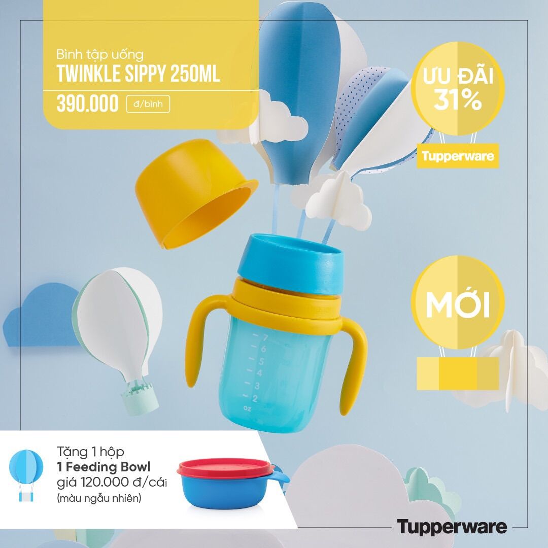 Bình tập uống cho bé Twinkle Sippy Cup Tupperware 250ml TẶNG 1 hộp Feeding Bowl trị giá 120k/hộp