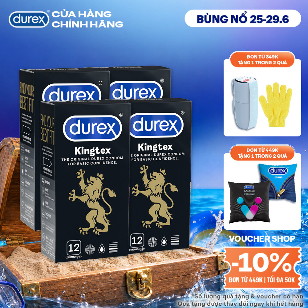 Bộ 4 hộp bao cao su Durex Kingtex bôi trơn, ôm sát size 49mm, 12 bao/hộp