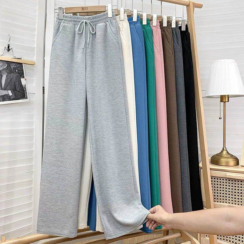 Quần xuông ống rộng nữ lưng cao chất vải tăm tổ ong