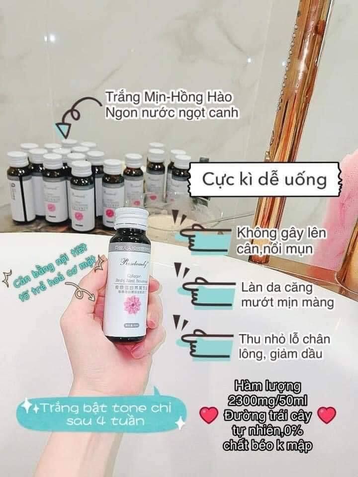 COLLAGEN ROSE BEAUTY YẾN TRẮNG DA(trắng sáng tức thì X10) hộp 8 chai