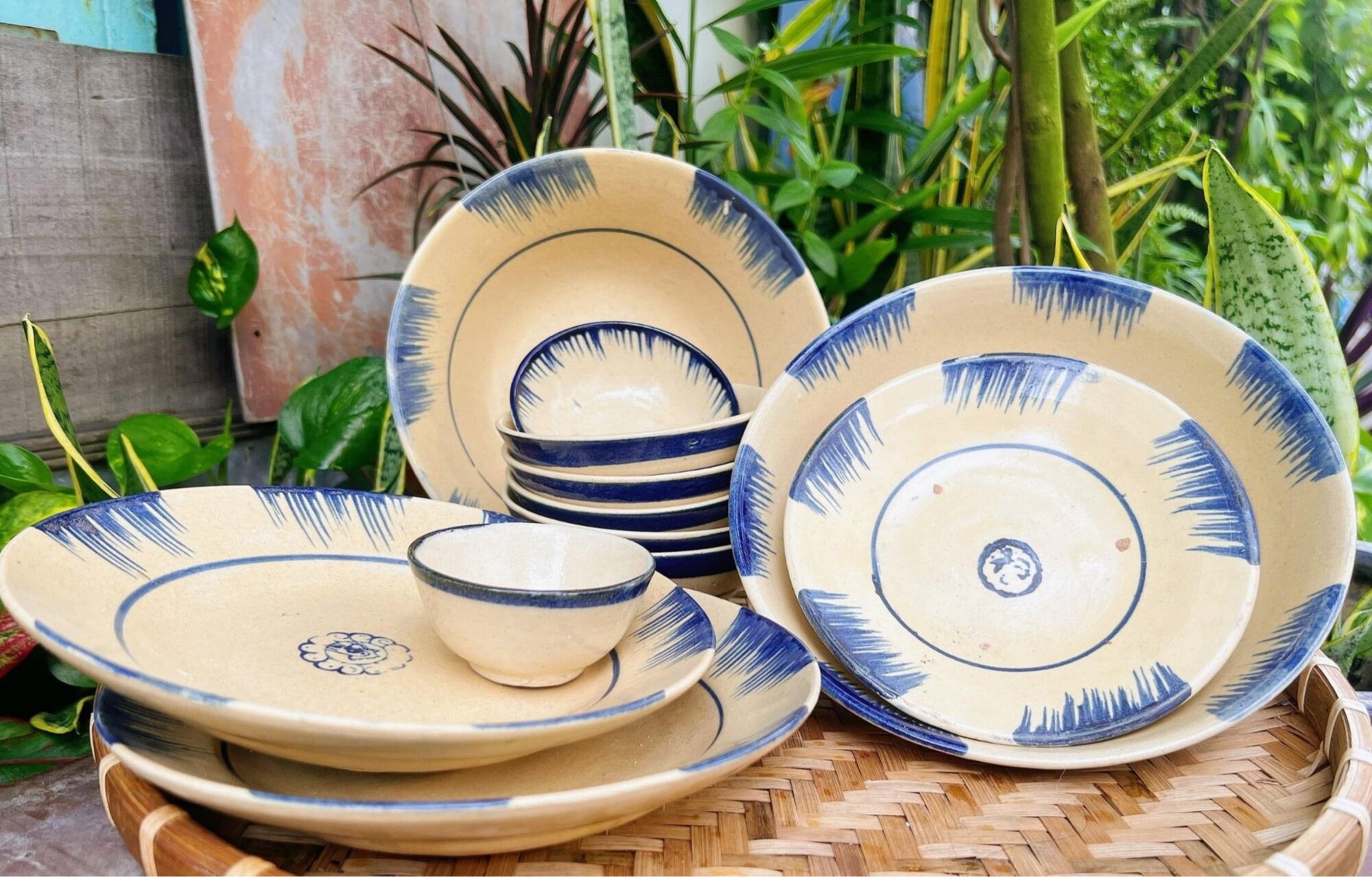 Combo bộ chén dĩa tô 5 Người ăn phếch xanh