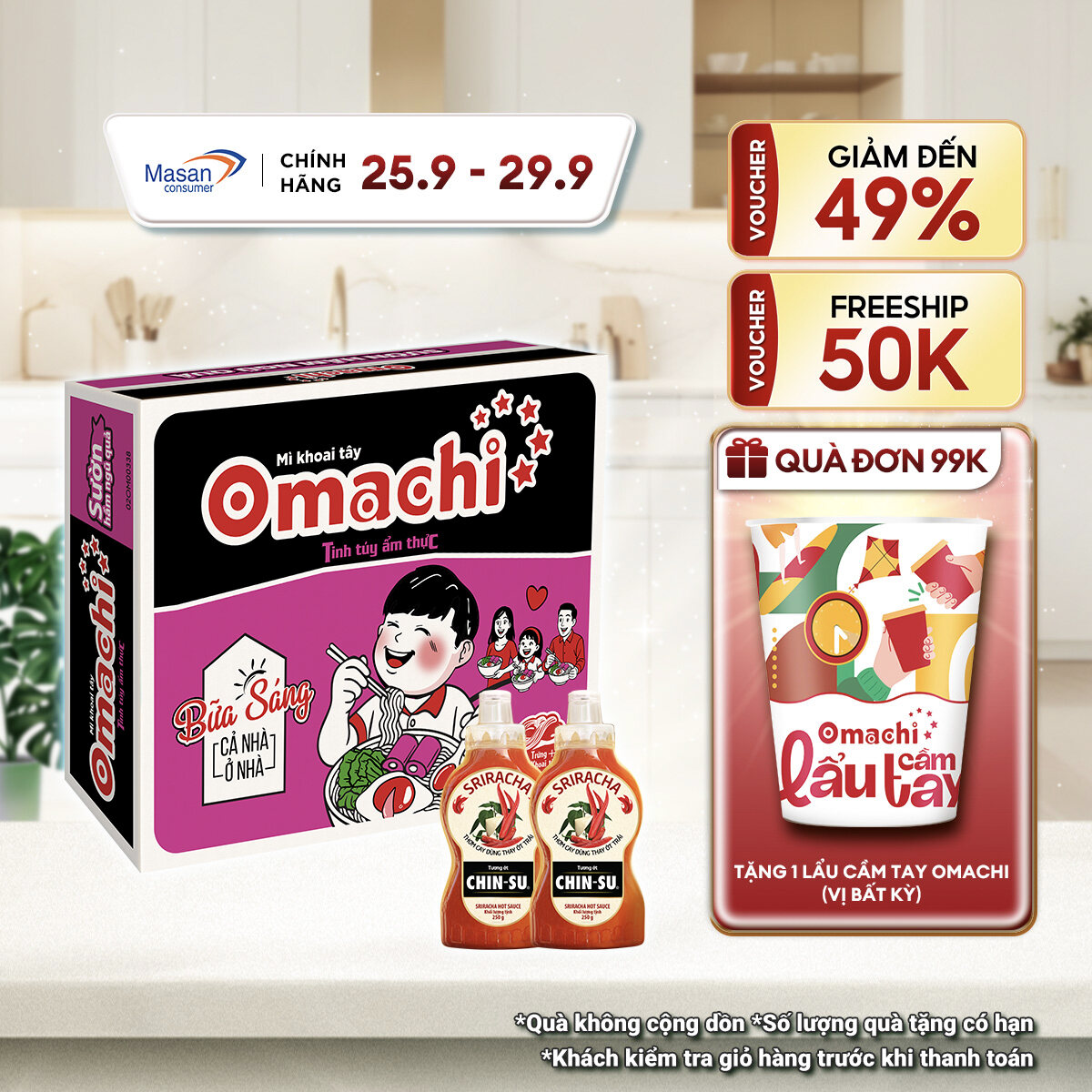 Combo 1 Thùng Omachi Sườn Hầm Ngũ Quả Gói 80G + 2 Tương Ớt Sriracha 250Gr