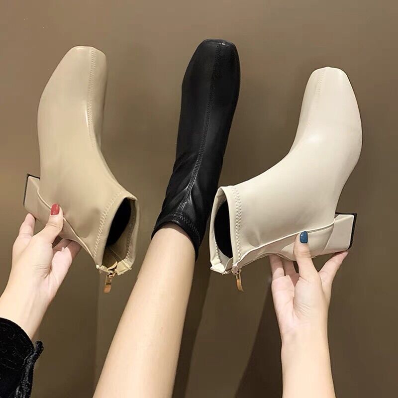 Bốt da nữ cao gót cổ lửng khoá sau da mềm dọc giữa cao cấp