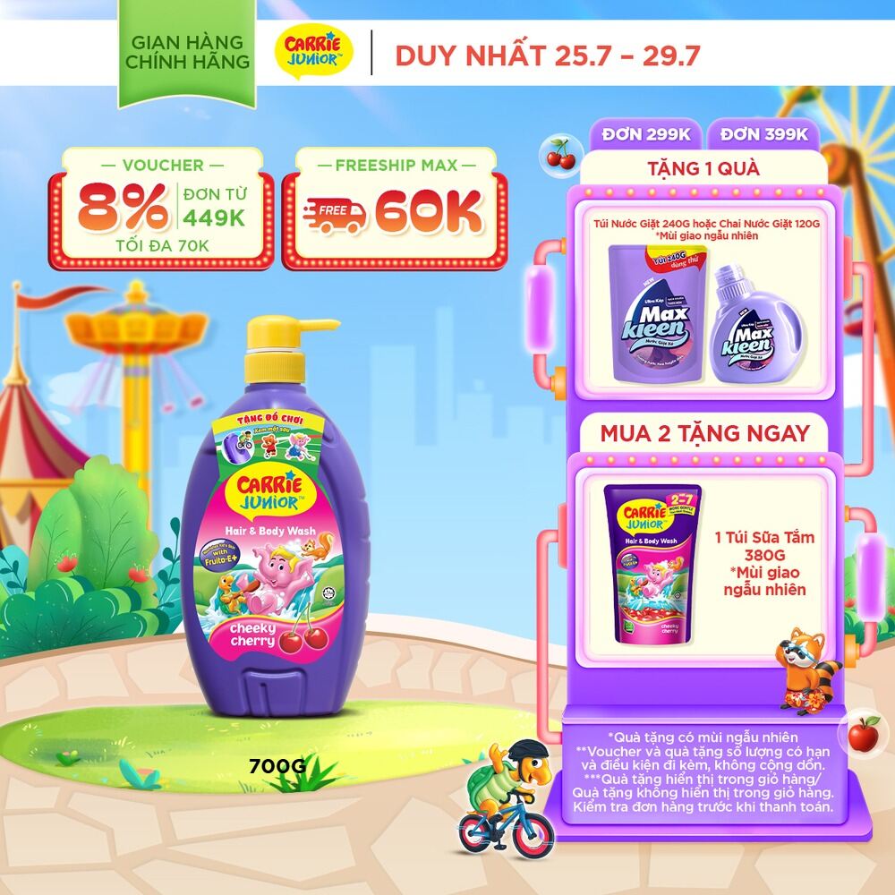 Sữa Tắm Gội cho bé Carrie Junior chiết xuất trái cây thiên nhiên Hương Cherry 700g