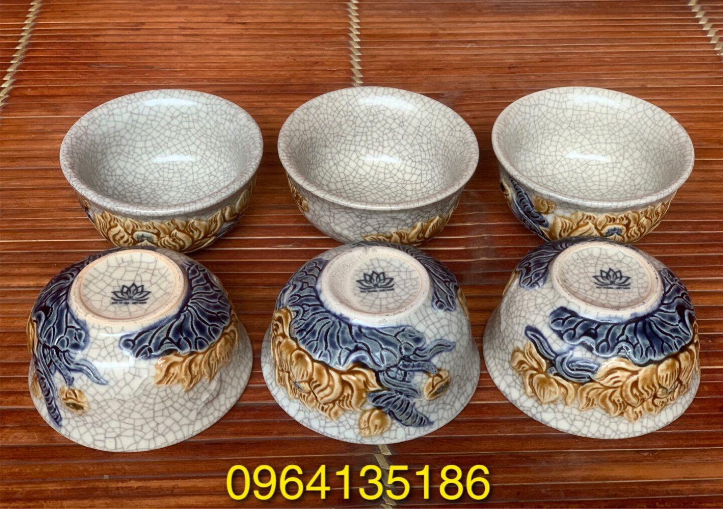 Set 6 Bát cơm thờ cúng men rạn đắp sen nổi gốm sứ Bát Tràng