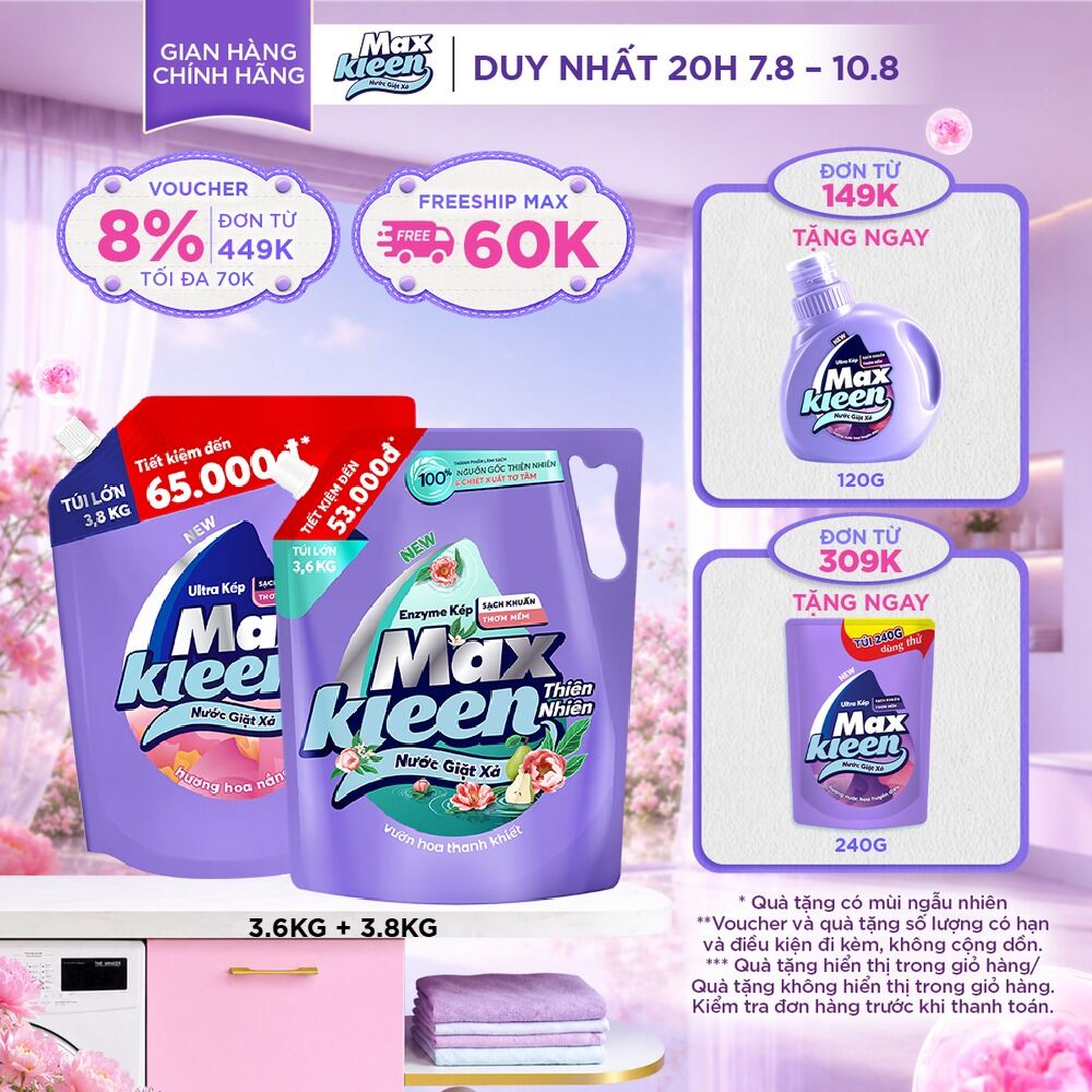 Combo Túi Nước Giặt Xả MaxKleen Thiên Nhiên 3.6kg  Túi 3.8kg (Hoa Nắng/ Huyền Diệu/Vườn Sớm Mai)