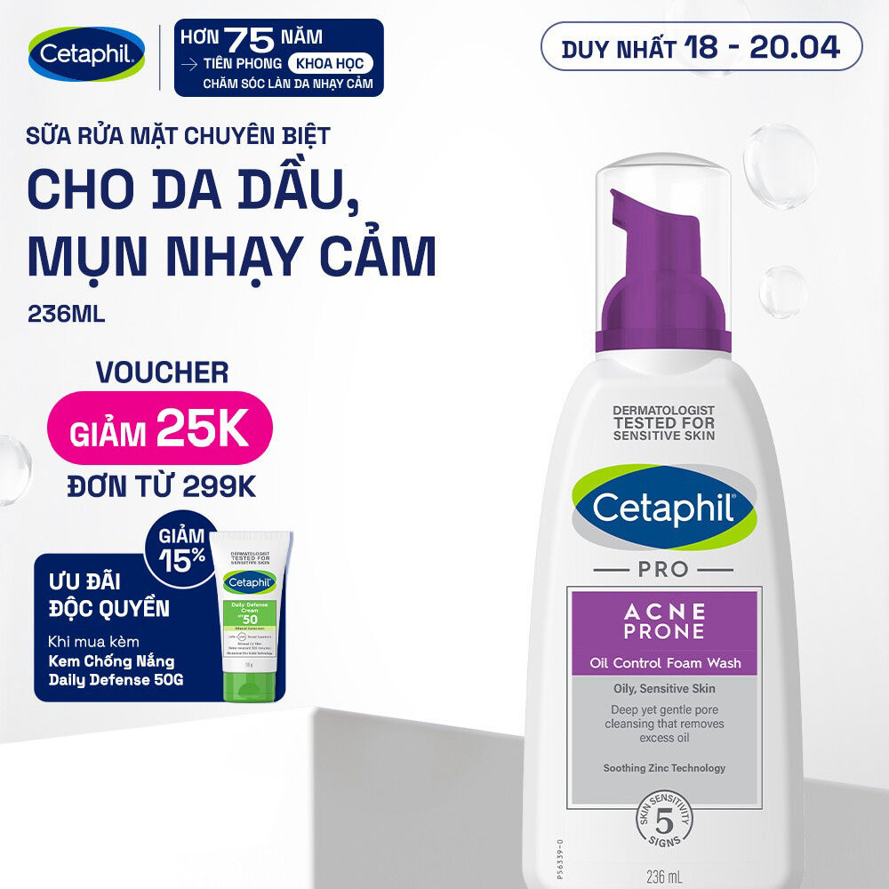 Sữa rửa mặt tạo bọt mịn dịu lành cho da dầu mụn nhạy cảm CETAPHIL PRO ACNE PRONE/OIL CONTROL FOAM WASH 236ml