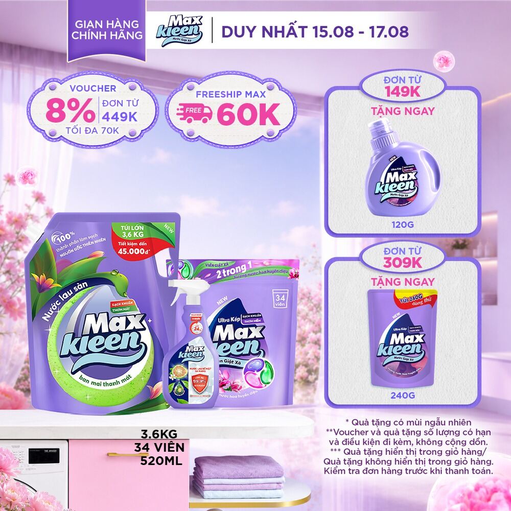 Combo Túi lau sàn MaxKleen hương Ban mai thanh mát 3.6kg + Túi viên hương Huyền Diệu 34 viên + Chai nước lau bề mặt đa năng