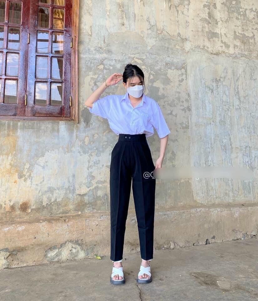 Quần công sở 2 cúc bấm-Quần baggy cạp cao
