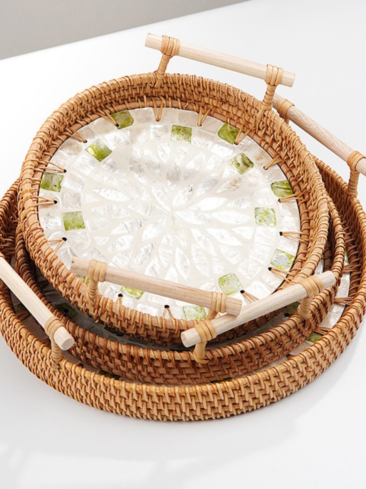 Natural Shell Tray Double Ear round Fruit Plate Tea Table Dessert Display Storage Cup Large Small Wicker Weaving Trays