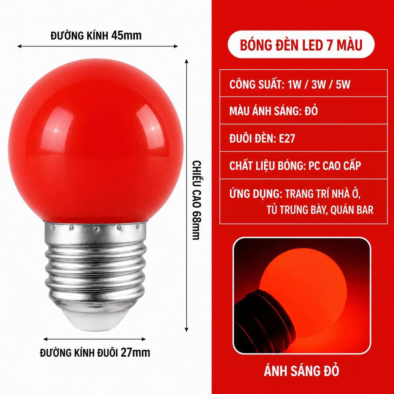 Bóng Đèn LED Chanh 3W E27 Trang Trí Nhiều Màu - Đỏ Vàng Xanh Lá Xanh Dương Hồng Trắng - Tiết Kiệm Điện