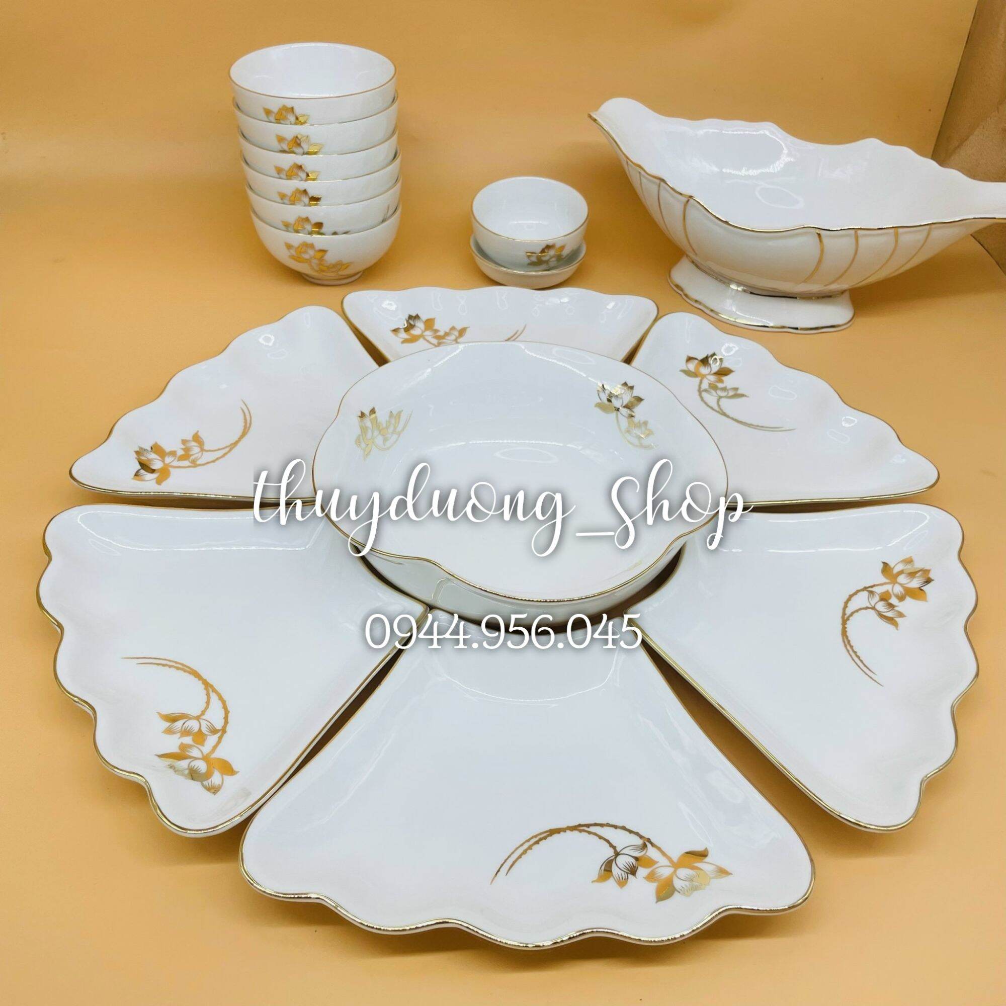 Bộ bát đĩa hoa mặt trời vẽ Sen Vàng Kim, đk 48 cm , gốm sứ Bát Tràng