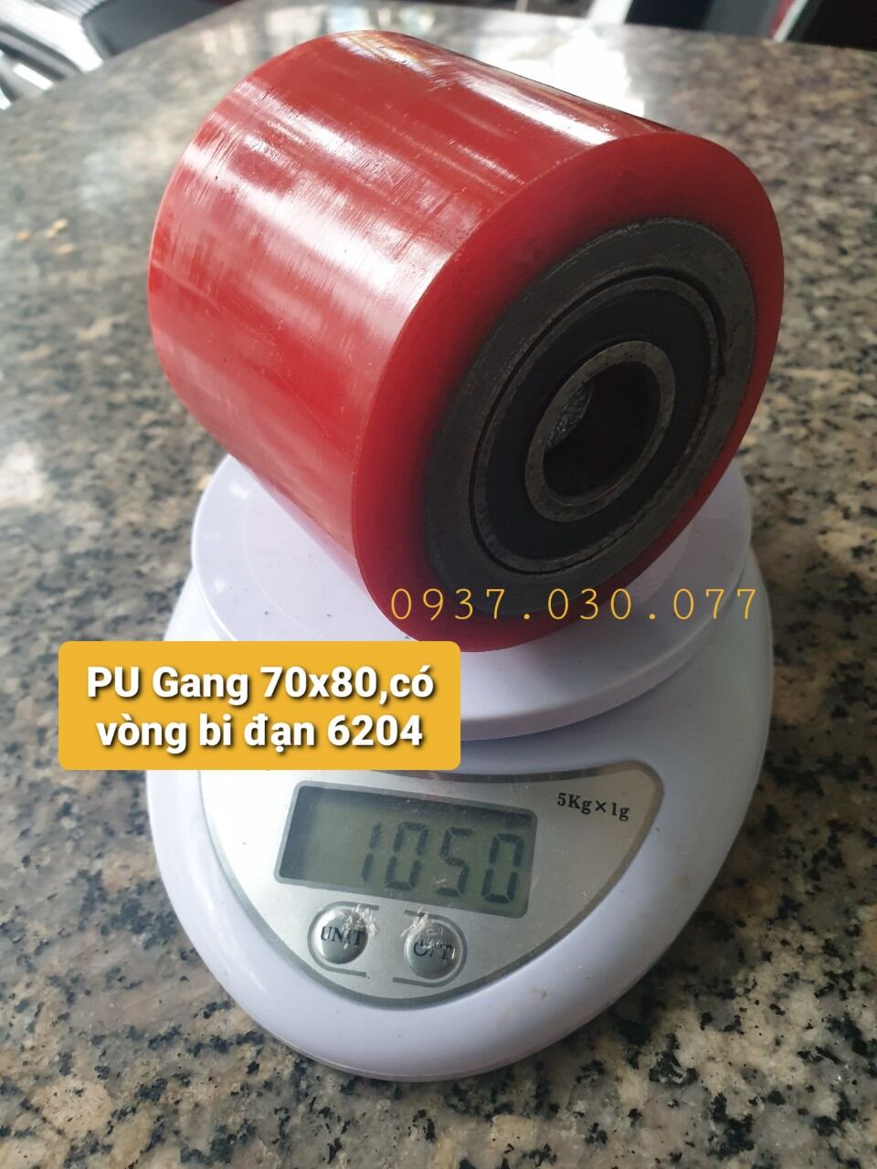 Bánh xe nâng tay, pu gang 70×80 có vòng bi 6204