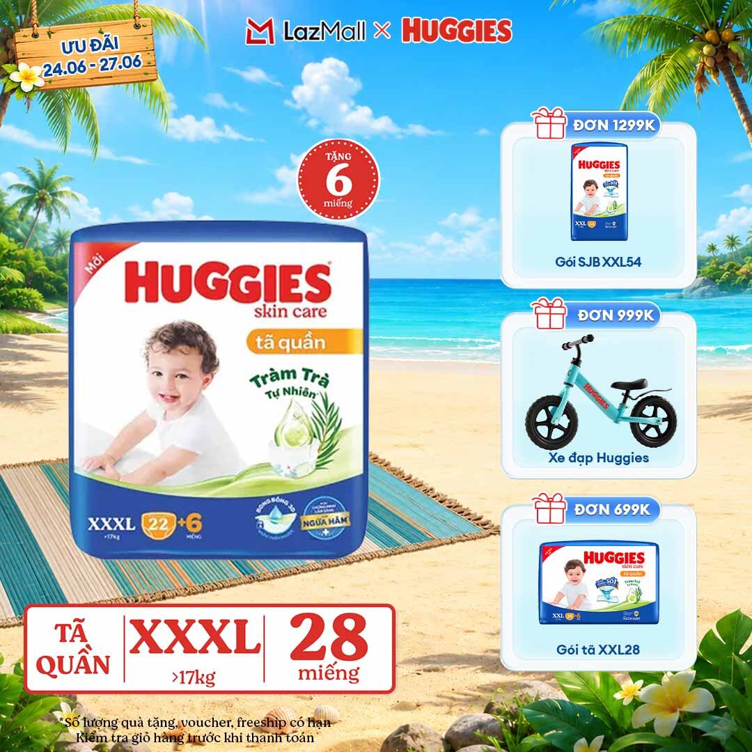 [Chỉ 25-29.06 GIẢM THÊM 90K] Tã/bỉm quần Huggies Skin Care Jumbo XXXL22+6 miếng với tràm trà dịu da